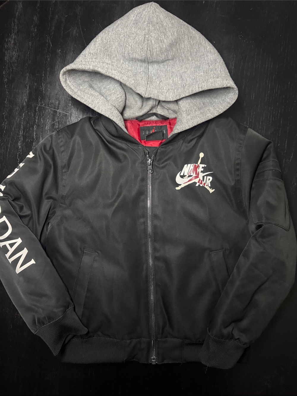 Jordan Black Bomber Jacket with Gray Hood and White Logo